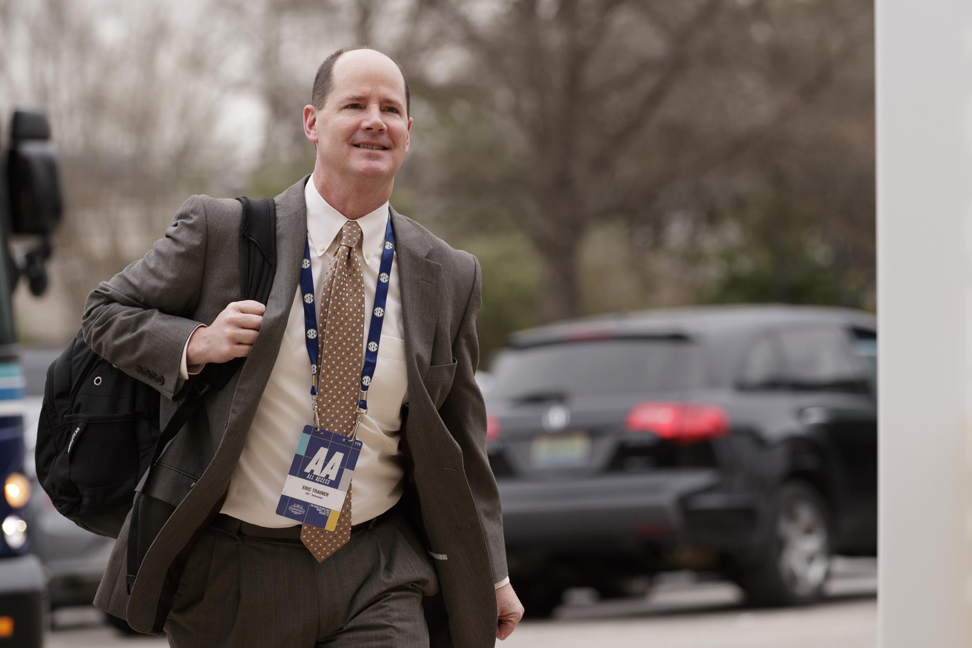 Eric Trainer approaching the arena, set for game day as the Lady Vols prepared to face Mississippi State in a SEC Tournament game.